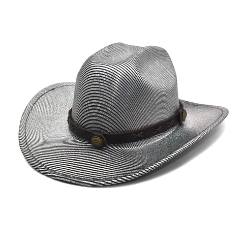 Cappello Da Cowboy Occidentale Lucido Metallico Texture Luccicante Vintage Jazz Tesa Larga Decorazione Fascia In Pelle Per Donne