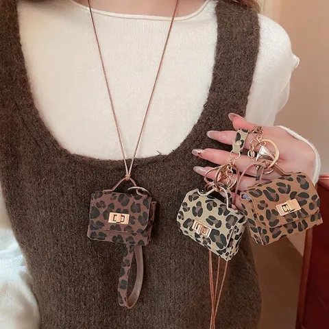 Collier Pendentif Mini Sac Imprimé Léopard Cuir Longue Chaîne De Pull Fermoir En Métal Doré Bijoux Mode Pour Femmes