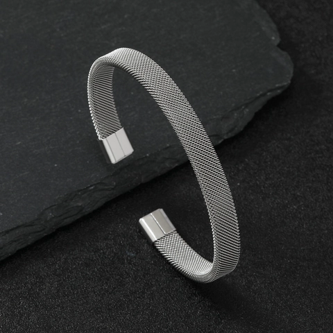 Bracciale A Fascia In Maglia Milanese Acciaio Inossidabile Bangle Aperto Piatto Gioielli Moda