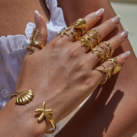 Ozean Seestern Muschel Seepferdchen Verstellbare Offene Ringe Damen Vergoldeter Edelstahl Strand Urlaub Wasserschmuck