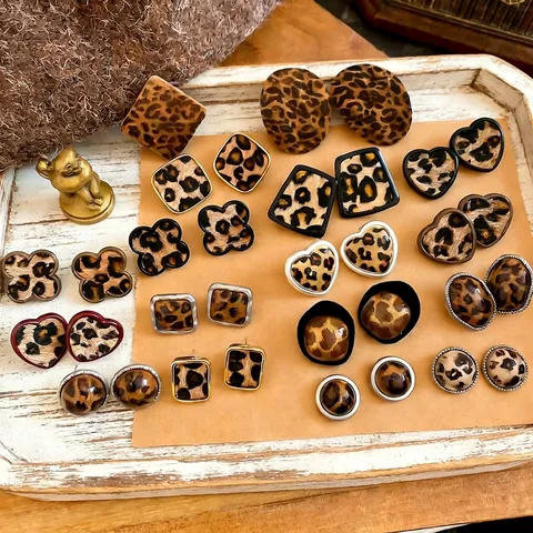 Leopard Print Geometric Stud Hoop Earrings With Silver Earring Post Copper Alloy Retro Fashion Jewelry For Women