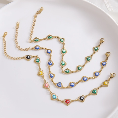 Modern Stainless Steel Heart Evil Eye Bracelet For Women Gold Plated Enamel Eye Colorful Adjustable Chain Fashion Jewelry Gift
