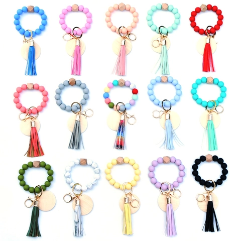 Silicone Bead Bracelet Keychain With Leather Tassel And Round Wood Tag Wristlet Key Ring For Women Daily Fashion Jewelry