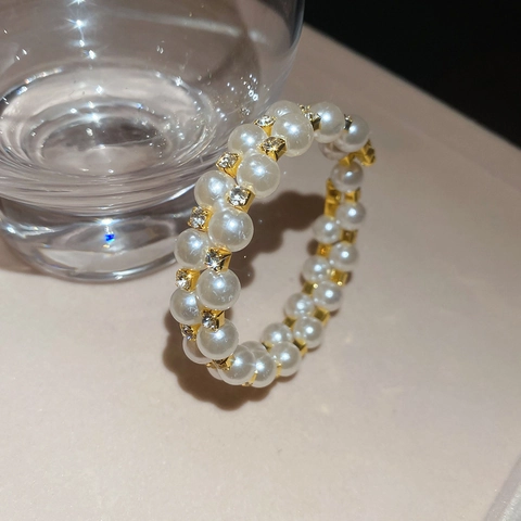 Multi-Layer Artificial Pearl Rhinestone Bangle Bracelet French Vintage Style Open Adjustable Cuff Elegant Jewelry For Women