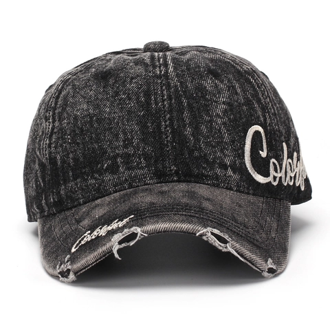 Vintage Washed Cotton Denim Baseball Cap Adjustable Sun Protection Distressed Letter Embroidery Street Style Women Men