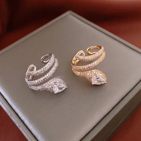 Snake Shaped Wrapped Open Ring For Women Copper Gold Plated With Waterdrop Cubic Zirconia Pave Set Elegant Retro Jewelry