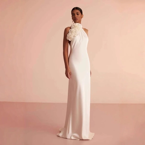 Weißes Satin Halfter Maxikleid Mit 3D Blume Rückenfreies Abendpartykleid Eleganter Hoher Taille Für Frauen