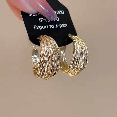 Orecchini A Cerchio A C Texture Multistrato Rame Placcato Oro Vero Con Silver Earring Post Moda Minimalista Per Donna