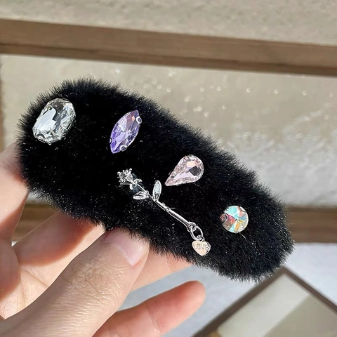 Korean Style Plush Hair Clip Headband Luxury Colorful Rhinestone Alloy Rose Heart Charm Hair Accessories For Women Girls