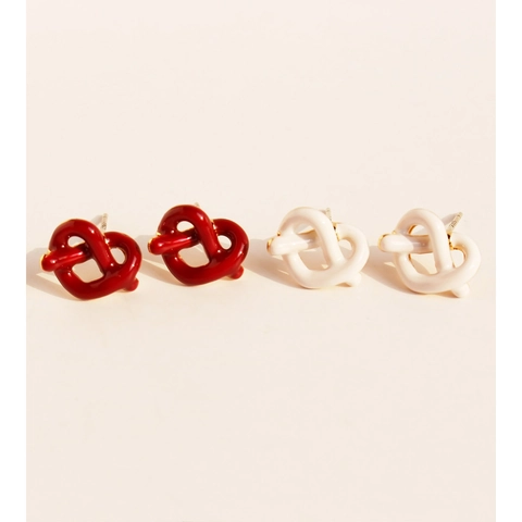 Brass Heart Knot Stud Earrings With 925 Sterling Silver Earring Post Enamel Drip Oil Red White Sweet Jewelry For Women