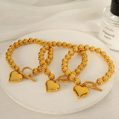 Vintage Roestvrijstalen Harthanger Kralen Armband Voor Dames Verguld Titaniumstaal Kapittelsluiting Elegante Dagelijkse Sieraden