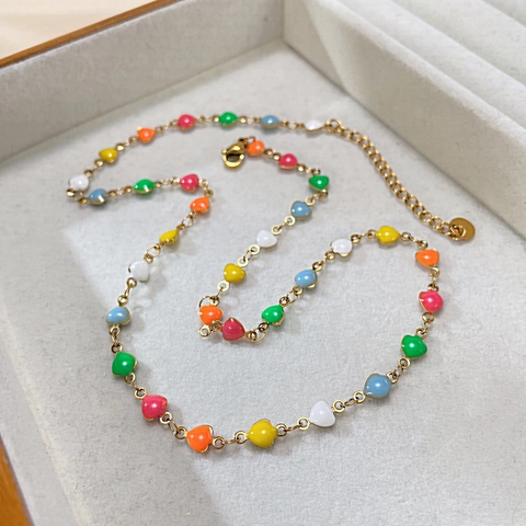 Collar con Colgante de Corazón de Esmalte Colorido de Acero Inoxidable para Mujer Cadena de Clavícula Arcoíris Joyería