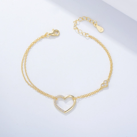 Heart Double Layer Bracelet 925 Sterling Silver Hollow Heart Cubic Zirconia Minimalist Fashion Jewelry For Women
