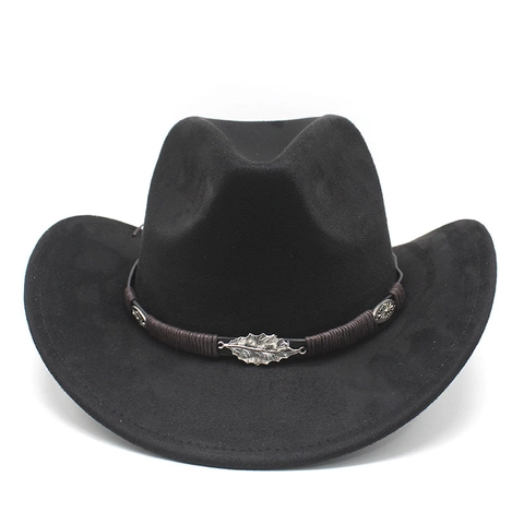 Chapeau De Cow-Boy Occidental En Suédine À Bord Large Vintage Fedora Avec Bande Tissée Et Décor De Feuilles En Métal