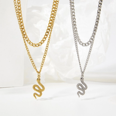Collar Con Colgante De Serpiente De Doble Capa Acero Inoxidable Estilo Gótico Oscuro Joyas Para Mujeres