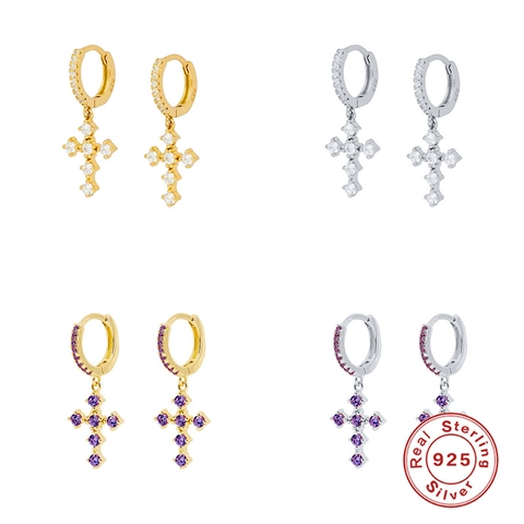 Orecchini A Cerchio Con Croce Argento Sterling 925 Con Zircone Colorato Gioielli Religiosi Geometrici Per Donna Moda Placcati