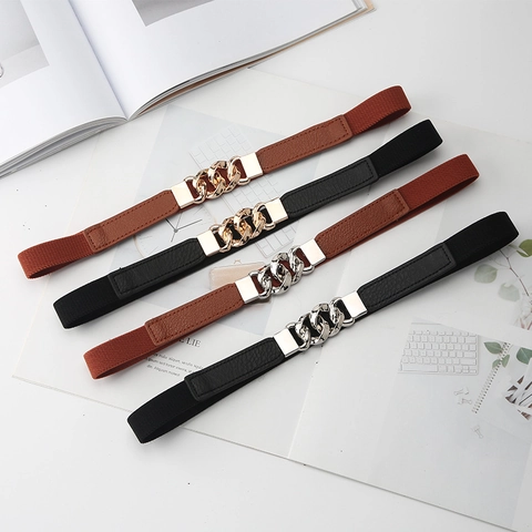 Ceinture Élastique Mince Femmes PU Cuir Alliage Boucle Étirable Taille Pour Robe Pull Mode Polyvalente Accessoire