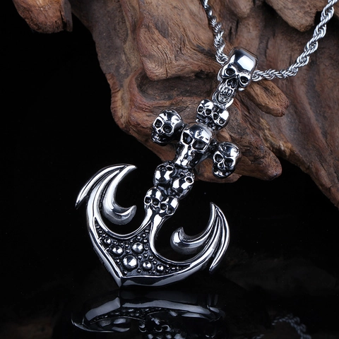 Pendentif Ancre Avec Têtes De Mort En Acier Inoxydable 316L Bijoux Gothiques Punk Hip Hop Pour Hommes Design Fantôme