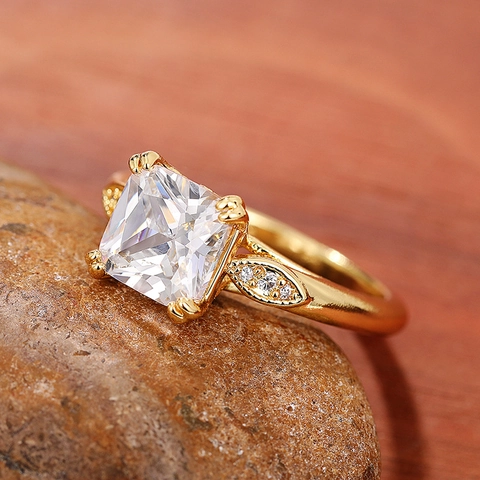 Square Zirconia Ring Copper 4-Prong Setting Leaf Design Vintage Elegant Jewelry For Women Wedding Engagement Anniversary