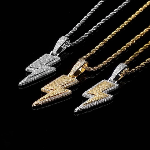 Collana Con Ciondolo A Fulmine Hip Hop Rame Micro Pavè Zirconia Iced Out Streetwear Gioielli Da Uomo