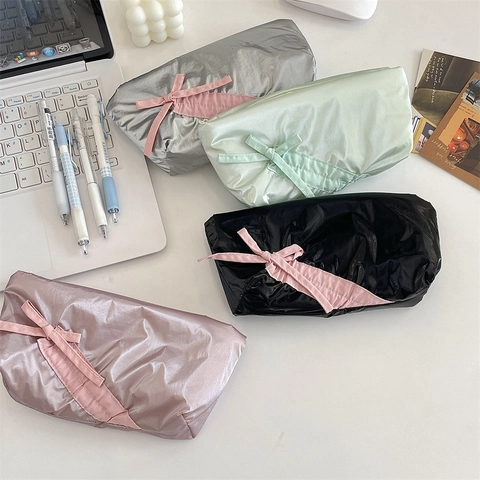 Cute Bowknot Pencil Case Metallic Luster Polyester Large Capacity Zippered Stationery Organizer For Students Girls