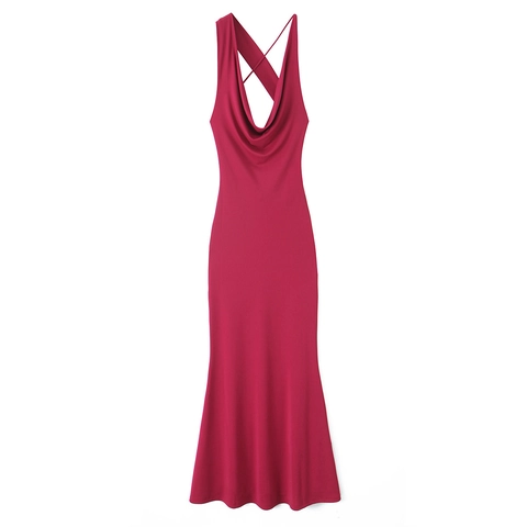 Elegant Cowl Neck Satin Maxi Dress For Women Solid Color Cross Back Sleeveless Mermaid Silhouette Evening Party Gown