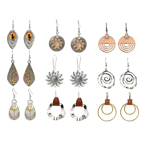 Vintage Bohemian Sunflower Geometric Round Drop Earrings Alloy Leather Faux Artificial Pearl Ethnic Style For Women