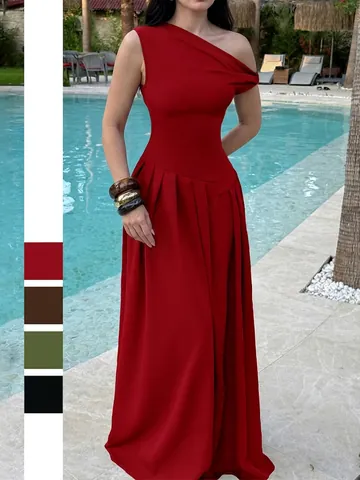 Women One Shoulder Maxi Dress Pleated Hem Elegant Sleeveless Solid Color Evening Party Gown Asymmetric Neckline