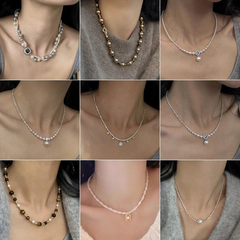 Collier Künstliche Perles Élégant Chaîne Clavicule Pour Femmes Avec Künstliche Perles Imitation Et Pierre Oeil De Tigre Bijoux Style Français
