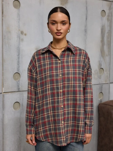 Chemise À Carreaux Vintage Pour Femmes Surdimensionnée À Manches Longues Chemisier Décontracté Haut En Coton Polyester