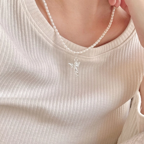 Collana Con Ciondolo Angelo In Argento Sterling 925 Con Imitazione Di Perla Artificial Rotonda Stile Francese Gioielli Eleganti Da Donna