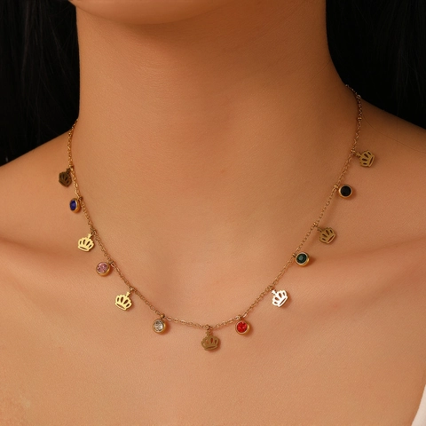 Collana In Acciaio Inossidabile Per Donna Con Ciondoli Corona Fiore Croce In Zircone Colorato Gioielli Moda