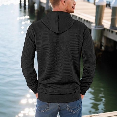 Heren Hoodie Jacquard Getextureerde Stof Casual Losse Pasvorm Knoopsgat Trekkoord Lange Mouwen Kangoeroezak Sweatshirt