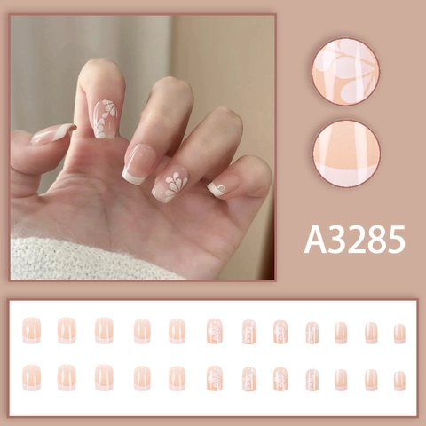 Press On Nails Glossy White Camellia French Tip Short Square Round Fake Fingernails Women Manicure