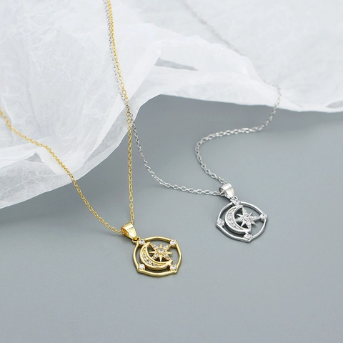 925 Sterlingsilber Stern Mond Anhänger Halskette Für Damen Luxus Achtzackiger Stern Mond Strass Inlay Schlüsselbein Kette Schmuck