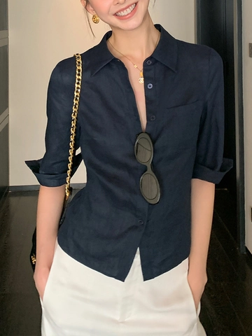 Women Cotton Linen Blouse Mid Sleeve Button Down Lapel Collar Pocket Casual Commuter Breathable Top