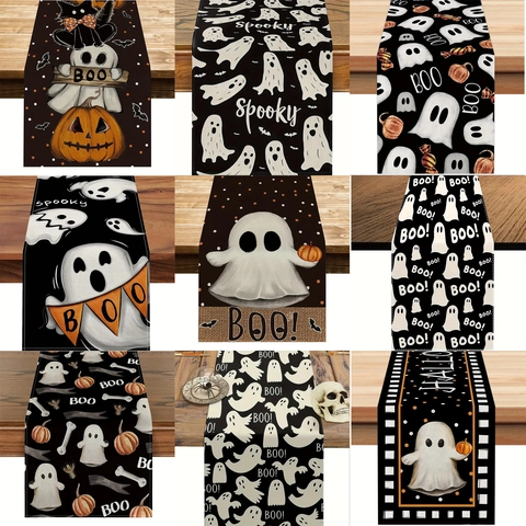 Halloween Table Runner Linen Ghost Pumpkin Spooky Patterns Holiday Dining Decor Festive Party Kitchen Accessory