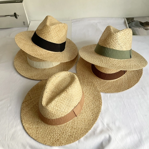 Classic 100% Raffia Straw Fedora Panama Hat For Women Men Summer Sun Protection Beach Travel Woven With Grosgrain Ribbon