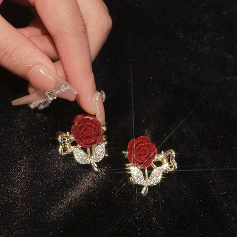 Mini Rosenblume Haarklammer Beflockter Samt Legierung Strass Hai Clip Elegante Haarschmuck Damen