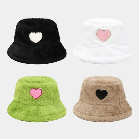 Plüsch Kunstpelz Fischerhut Für Damen Warm Winter Winddicht Weich Herz Patch Gold Glitzer Rand Mode Freizeit Eimer Hut