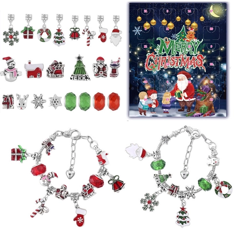 Calendario De Adviento Navidad Kit Pulsera DIY Aleación Cadena Serpiente Dijes Esmalte Color Cuentas Vidrio Regalo Niñas Mujeres