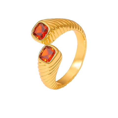Bague Ajustable Ouverte Géométrique Vintage Cuivre Plaqué Or 18K Texture Spirale Nervurée Zircon Rouge Carré Bijoux