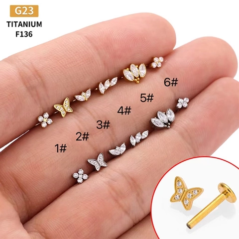 G23 Titanium Labret Stud Piercing Internally Threaded Flat Back Zircon Cartilage Earring Butterfly Flower Body Jewelry