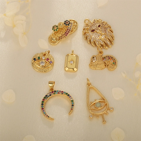 Copper Gold Plated Charms Colorful Zircon Pendants Lion Head Evil Eye Moon For DIY Jewelry Making Crafts