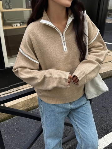 Jersey Con Media Cremallera Mujer Manga Con Rayas De Contraste Poliéster Viscosa Punto Holgado Casual Otoño Invierno Tops