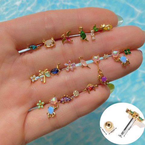 Cute Animal Ear Cartilage Studs Dinosaur Elephant Rabbit Zircon Opal Earrings With Stainless Steel Earring Post