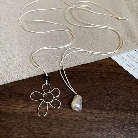 Double Layer Necklace With Artificial Baroque Pearl And Hollow Metal Flower Pendant Long White Rope Cord Minimalist Sweater Chain