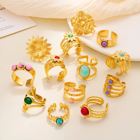 Titanium Steel Gold Open Ring For Women Bohemian Retro Flower Sun Evil Eye Pattern Inlaid Rhinestone Adjustable Ring Jewelry
