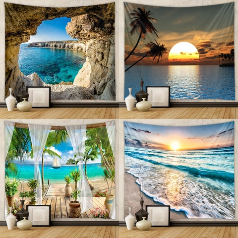 Natural Landscape Wall Tapestry Polyester Scenic Beach Sunset Ocean Cave View Background Hanging For Living Room Bedroom