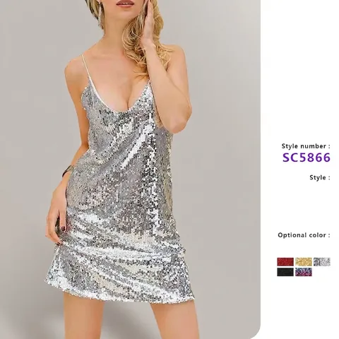 Women Sexy V Neck Sequin Mini Dress Sparkling Spaghetti Strap Sleeveless Party Dress Bodycon Shiny Nightclub Clubwear Dress